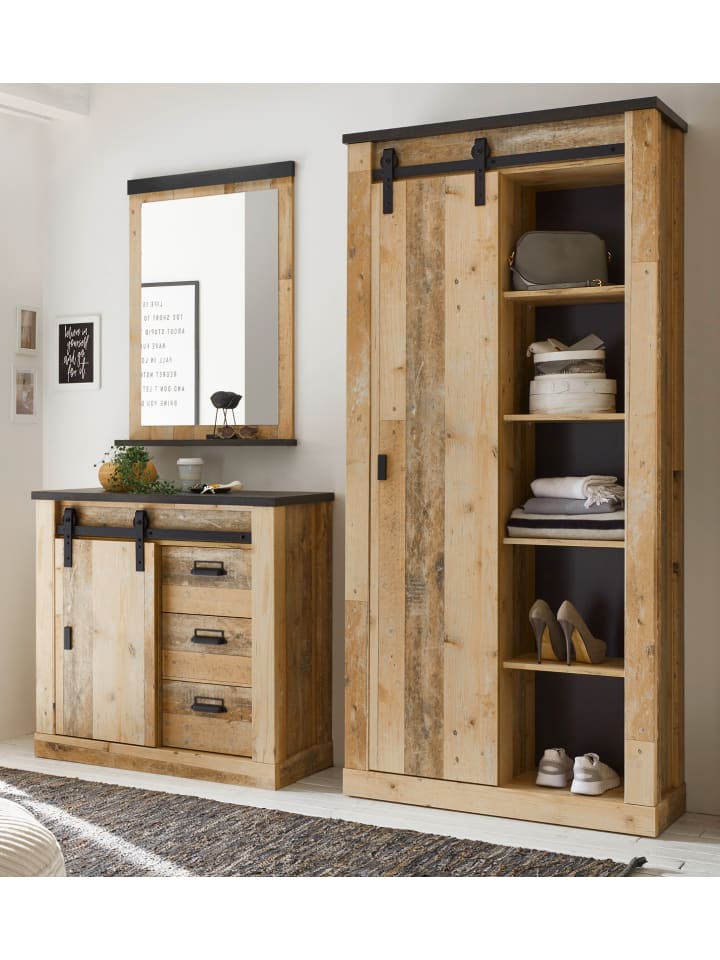 Garderobe Set 3-tlg. Used Wood Vintage mit großem Schuhschrank, Soft-Close