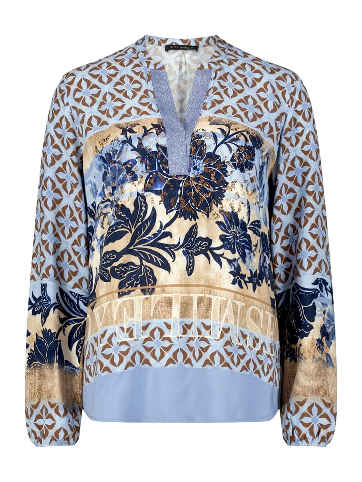 Longbluse mit Stehkragen in Blau/Beige
