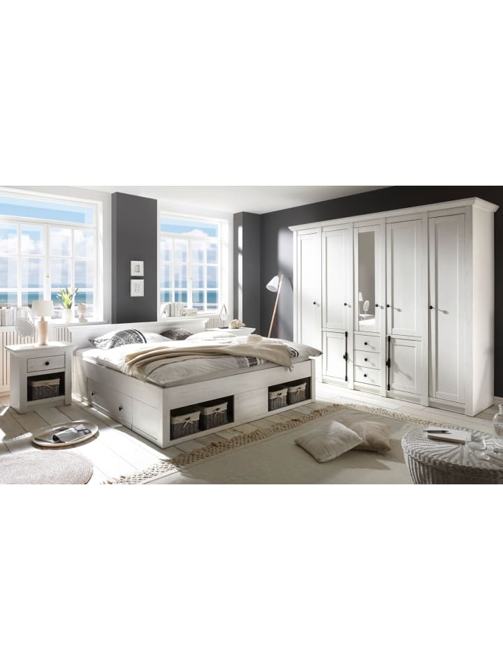 Schlafzimmer 4-teilig Set Pinie weiß, Komplettset mit Doppelbett
