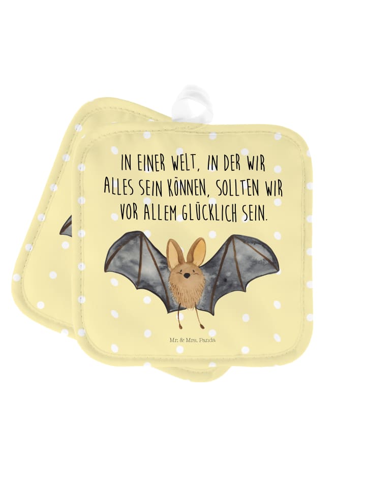 Topflappen Fledermaus Flügel mit Spruch in Gelb Pastell