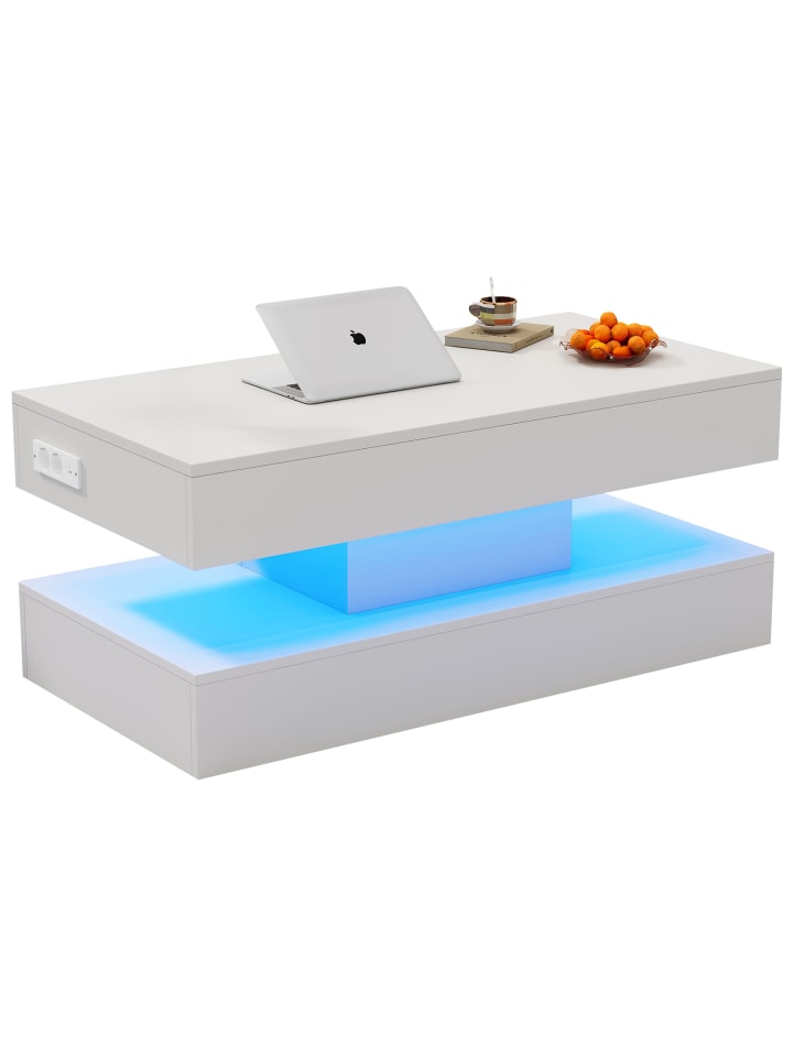 Couchtisch in Weiß mit LED Beleuchtung und Stauraum 100x50x42 cm