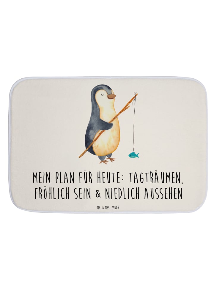 Badteppich Pinguin Angler mit Spruch in Weiß