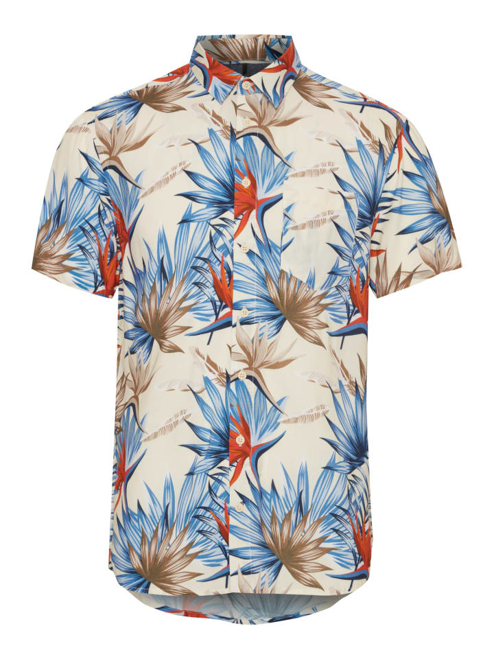 Florales Kurzarm Hemd Freizeit Shirt Oberteil in Beige-Dunkelblau