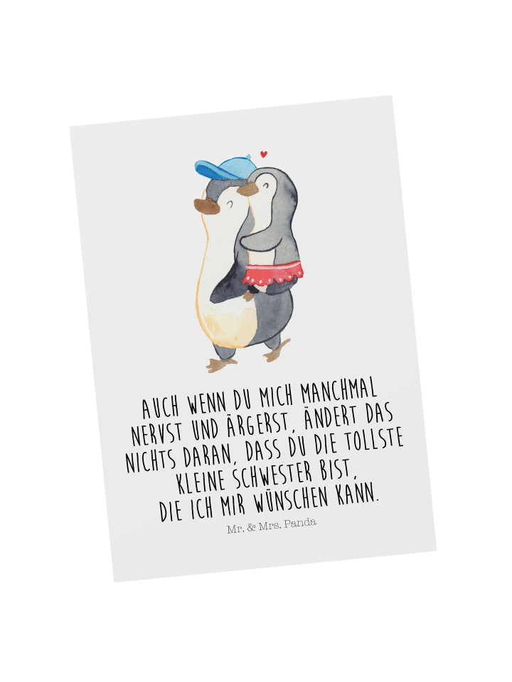 Postkarte Pinguin Kleine Schwester mit Spruch in Weiß