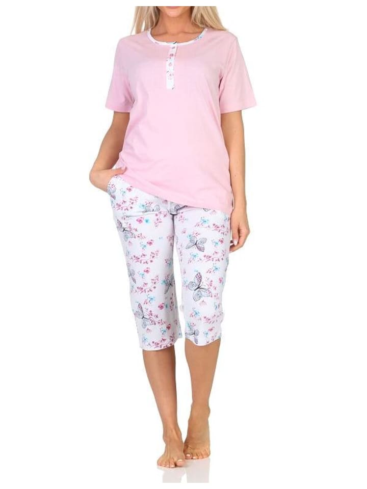 Capri Schlafanzug kurzarm floraler Print in rosa