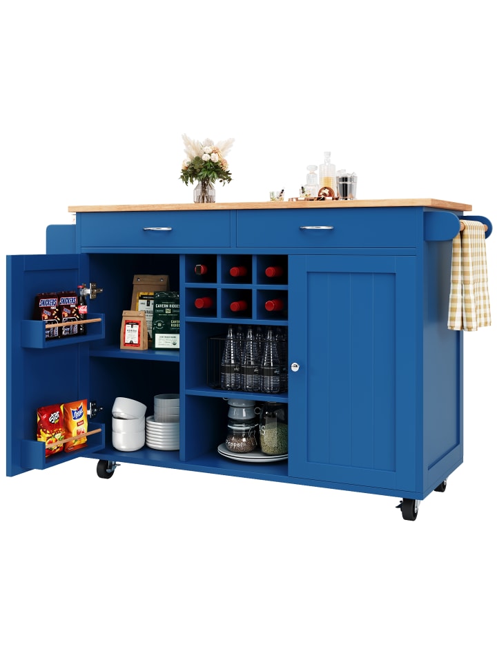 Kücheninsel in Blau mit Holzmaserung und Stauraum 102x45x92 cm