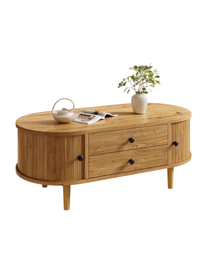 Couchtisch in Holzfarbe oval mit Schiebetüren 2 Schubladen