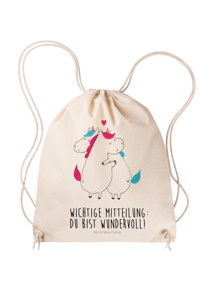 Sportbeutel Einhorn Mitteilung mit Spruch in Creme