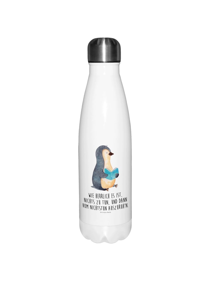 Trinkflasche Edelstahl Pinguin Buch mit Spruch in Weiß