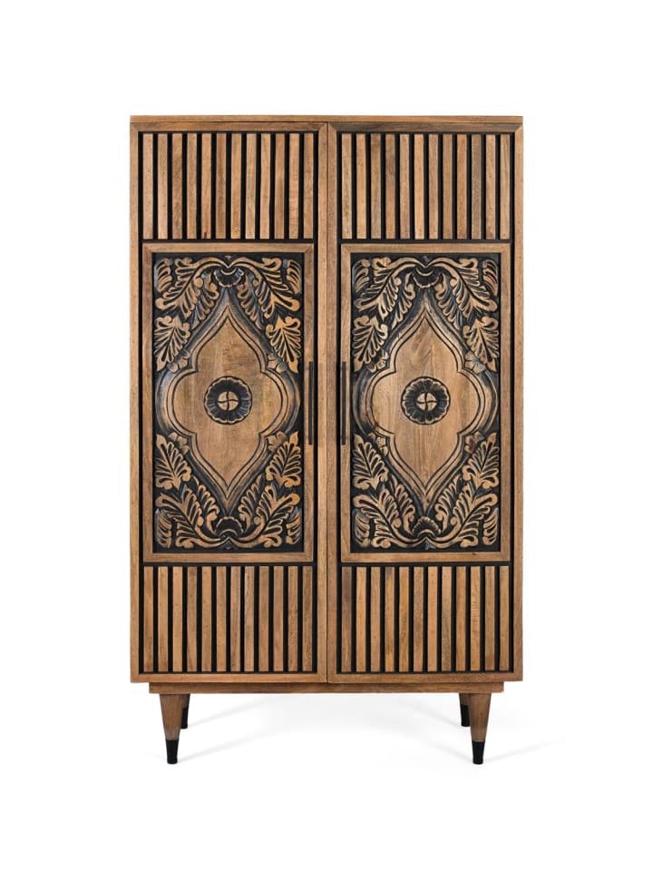 Hohes Sideboard aus Mangoholz und handbemalten Details in Brown
