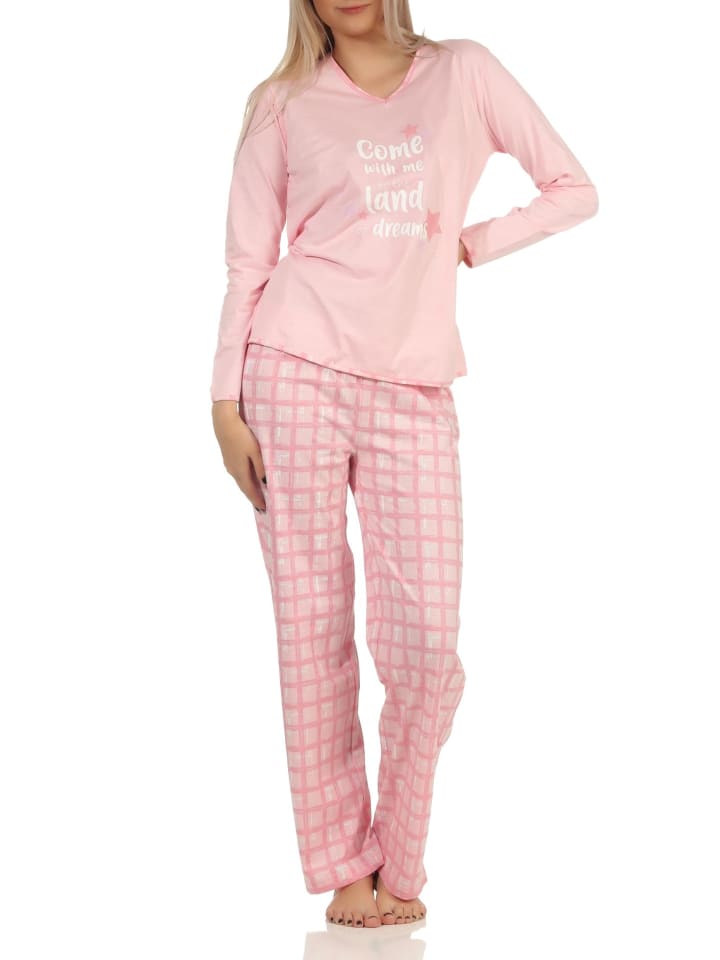 Schlafanzug Pyjama karierter Jersey Hose - 61810 in rosa