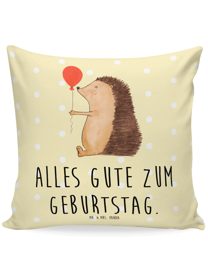 Zier Kissen Igel Luftballon mit Spruch in Gelb Pastell