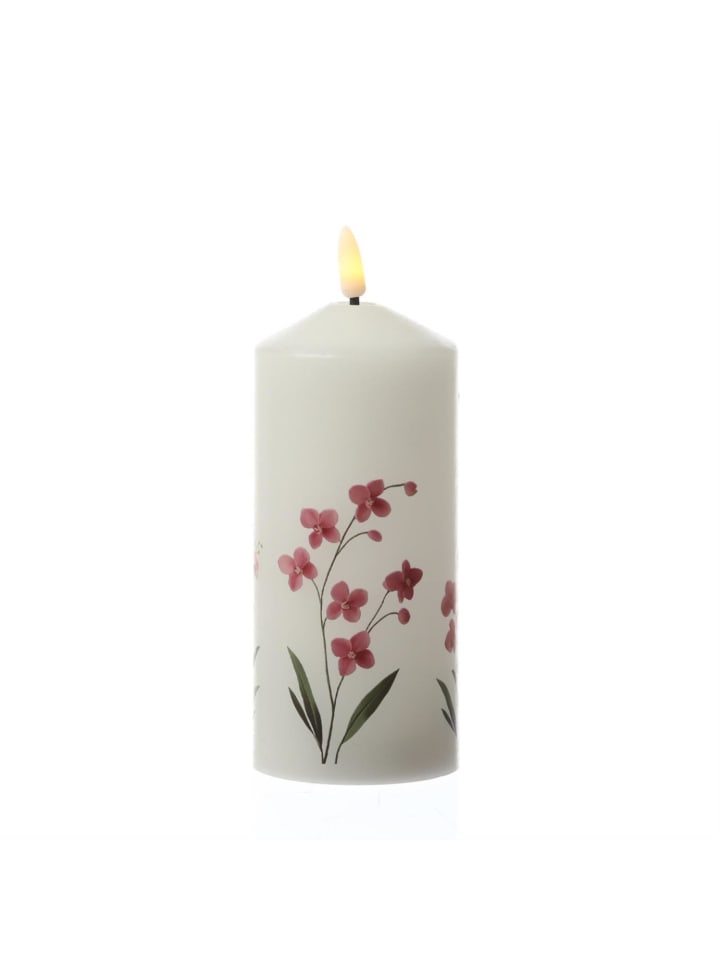 LED Kerze mit Orchideen Motiv Echtwachskerze 7x18,5cm weiß