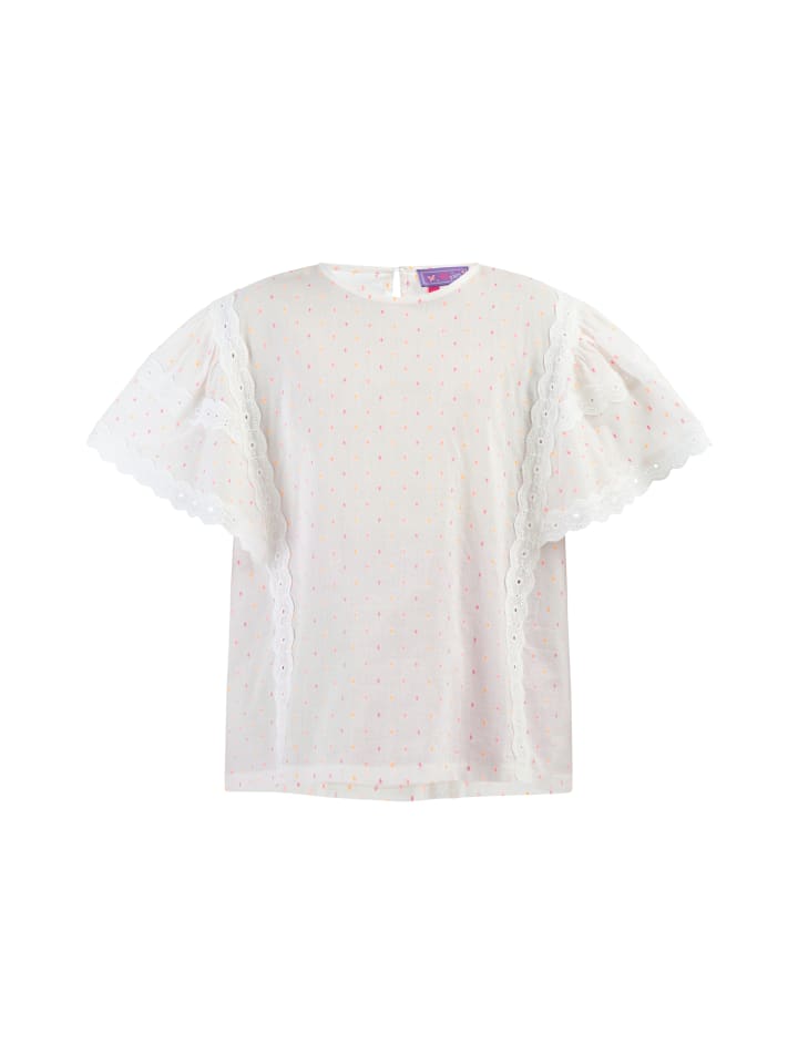Mädchen Bluse in Weiss Pinkorange Punkte