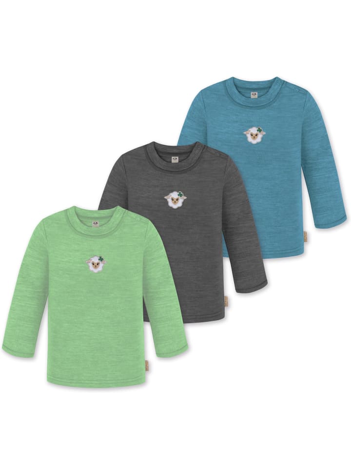 3er Pack Baby Merino Longsleeve Taupo in Blau/Anthrazit/Grün