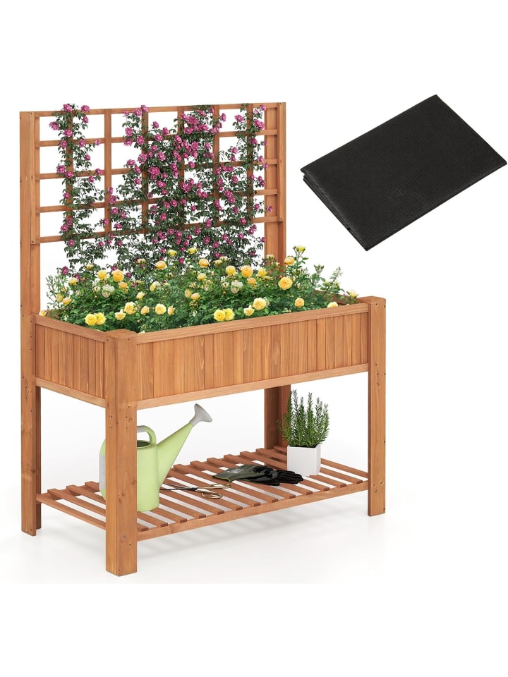 Hochbeet mit Spalier und Ablage in Braun