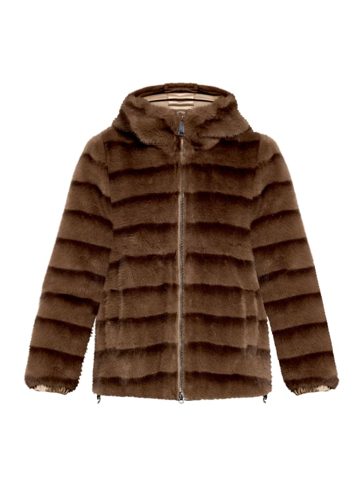 Plüschjacke mit Kapuze in Taupe/Braun