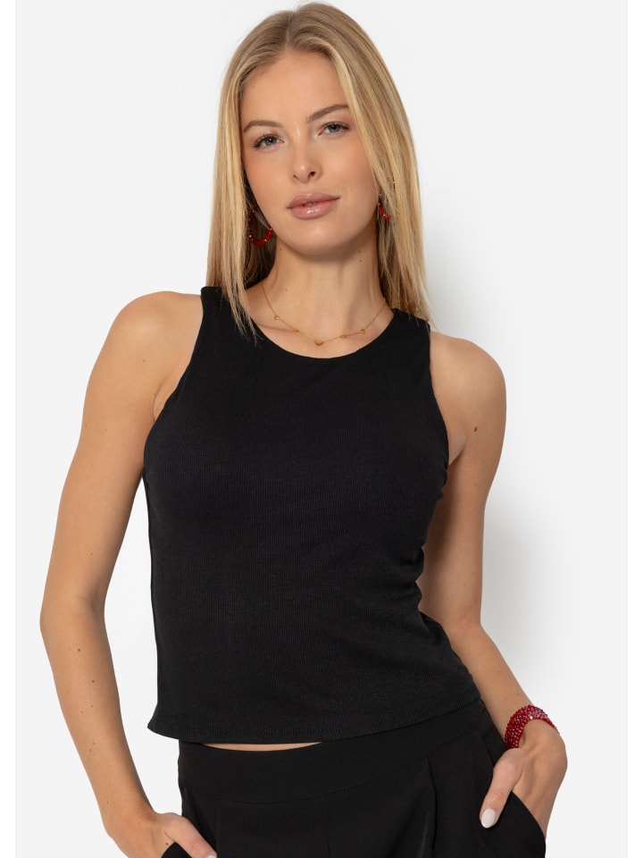 Doppellagiges, geripptes Tank Top in Schwarz