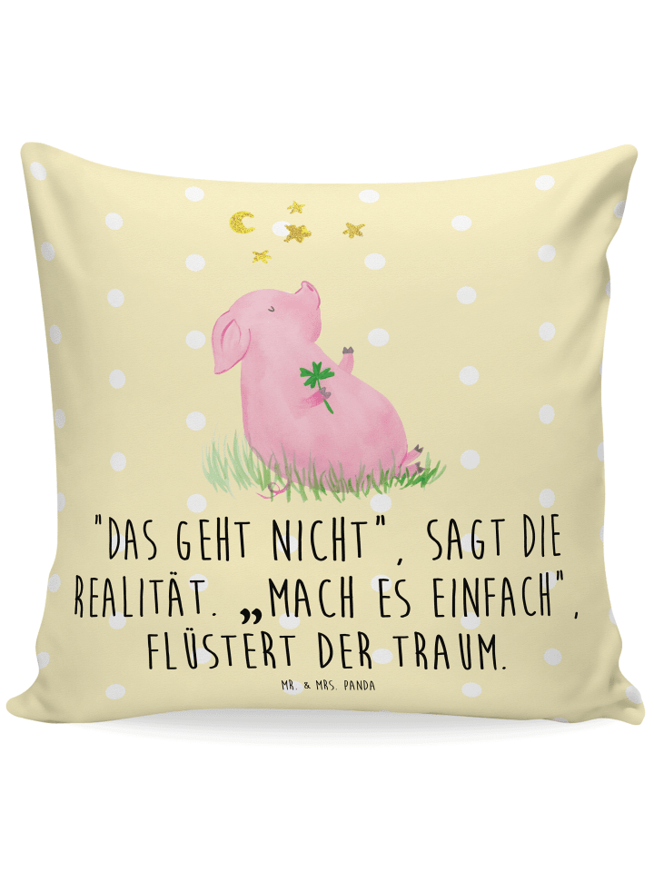 Kissen 40x40 Schwein Glück mit Spruch in Gelb Pastell