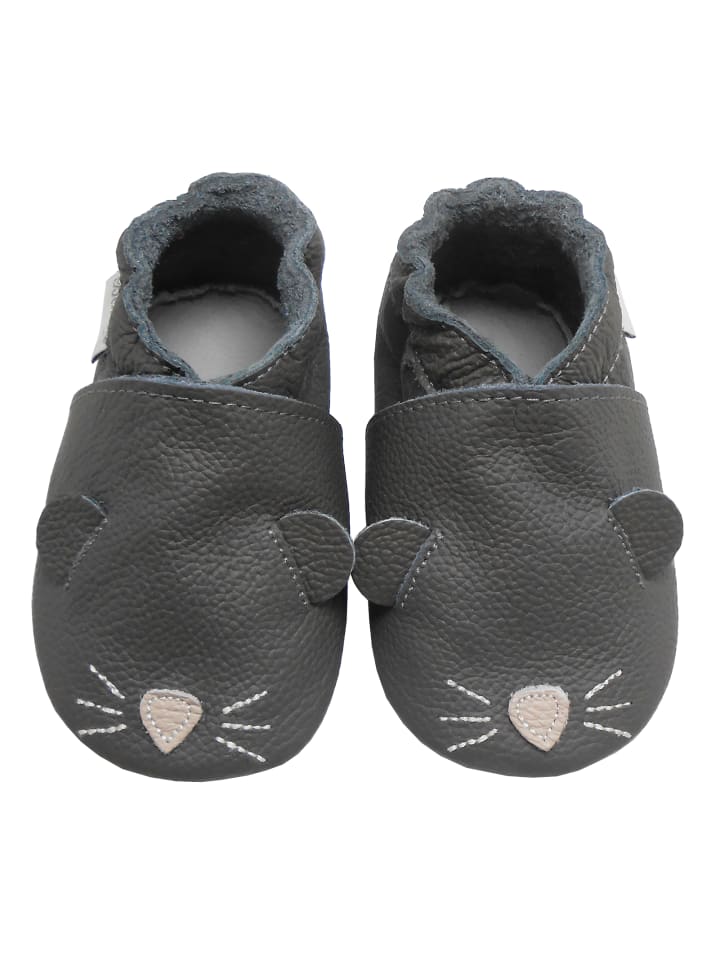 Graue Baby-Leder-Laufschuhe, komfortabel mit rutschfester Sohle - Mäusemuster