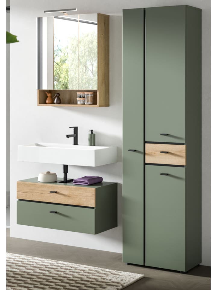Badmöbel-Set grün, Evoke Eiche 3-teilig 141 cm, Komplettset mit viel Stauraum