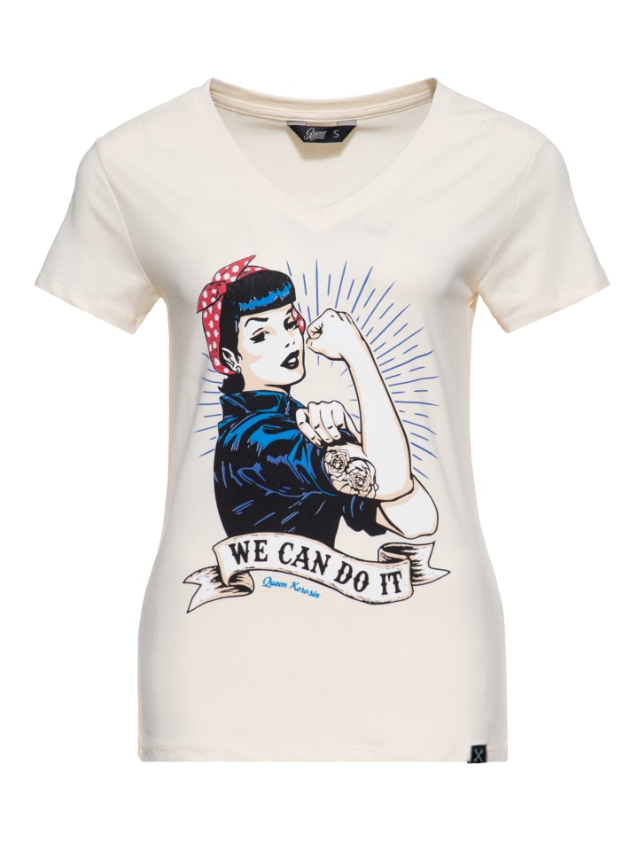 Queen Kerosin Kurzarmshirt mit großem Vintage Druck vorne We can do it in creme