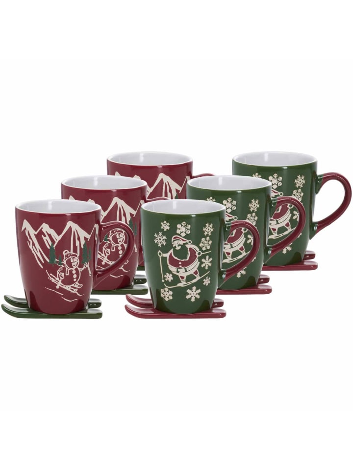 6er Set Kaffeebecher auf Ski Aspen/Whistler in Grün-Rot 340 ml