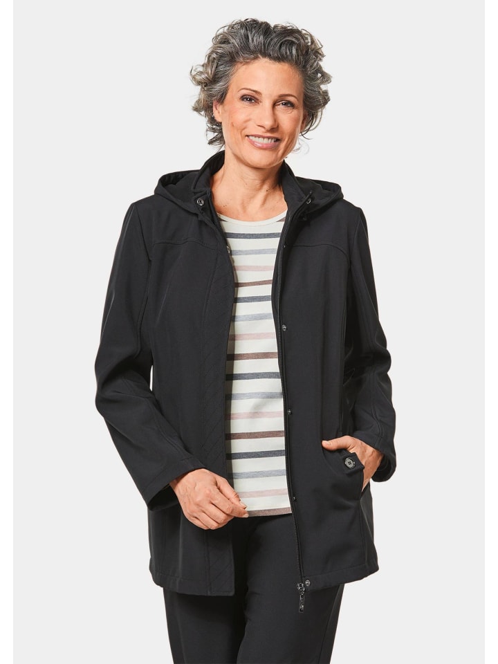 Kurzgröße: Wasserabweisende Softshelljacke mit Kapuze in schwarz