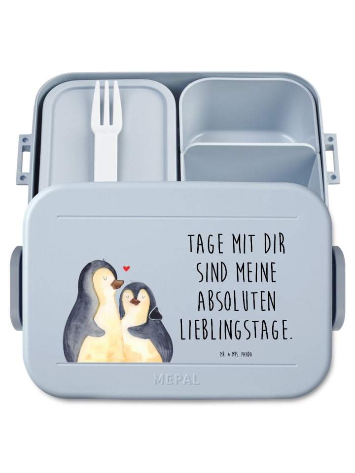 Brotdose Pinguin umarmen Motiv mit Spruch in Blau Pastell
