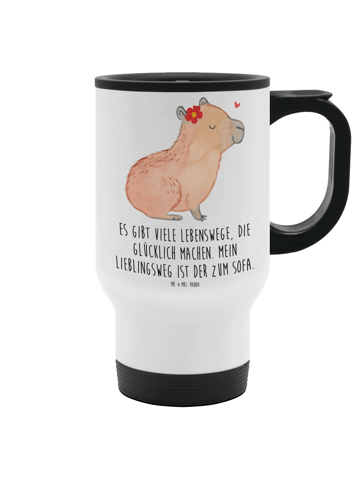 Thermobecher Capybara Blume mit Spruch in Weiß