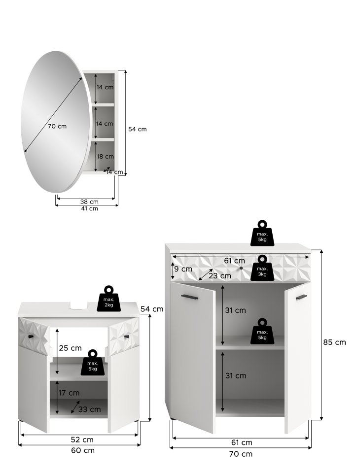 Badkombination in weiß Melamin/weiß Melamin - (B) 141 x (H) 187 x (T) 37