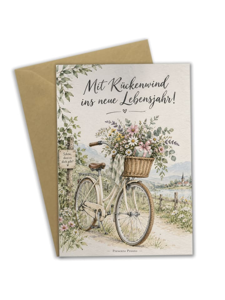 Grußkarte Geburtstag Fahrrad blumengeschmückt D... in Weiß