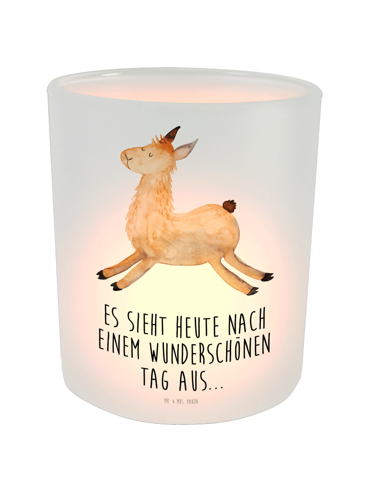 Windlicht Lama Springen mit Spruch in Transparent