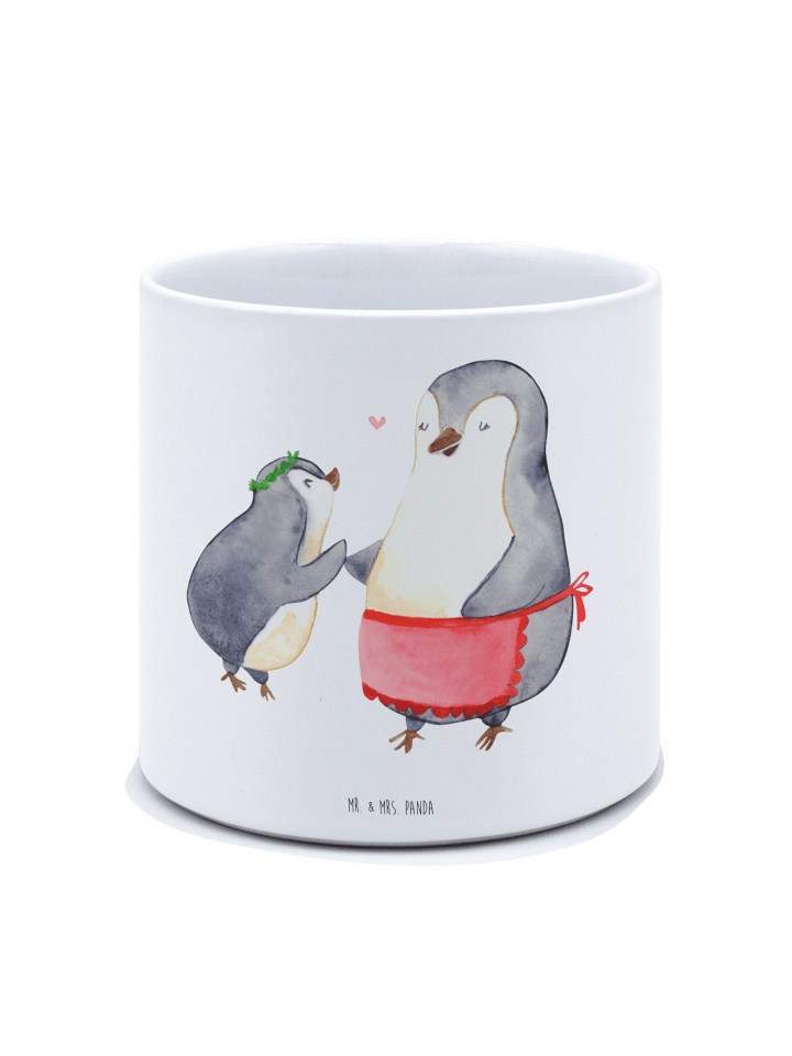 Pflanzenkübel groß Pinguin mit Kind ohne Spruch in Weiß