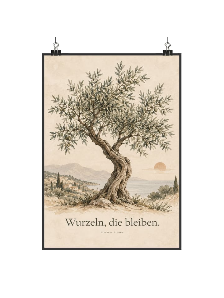 Poster Olivenbaum elegant Design mit Spruch in Weiß