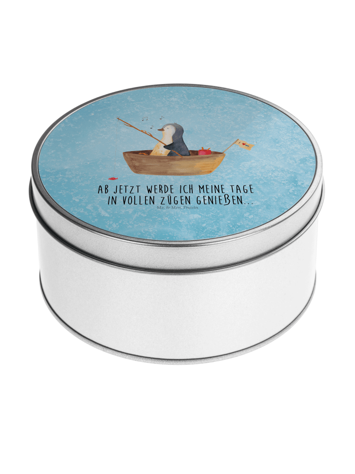 Aufbewahrungsbox Pinguin Angelboot mit Spruch in Eisblau