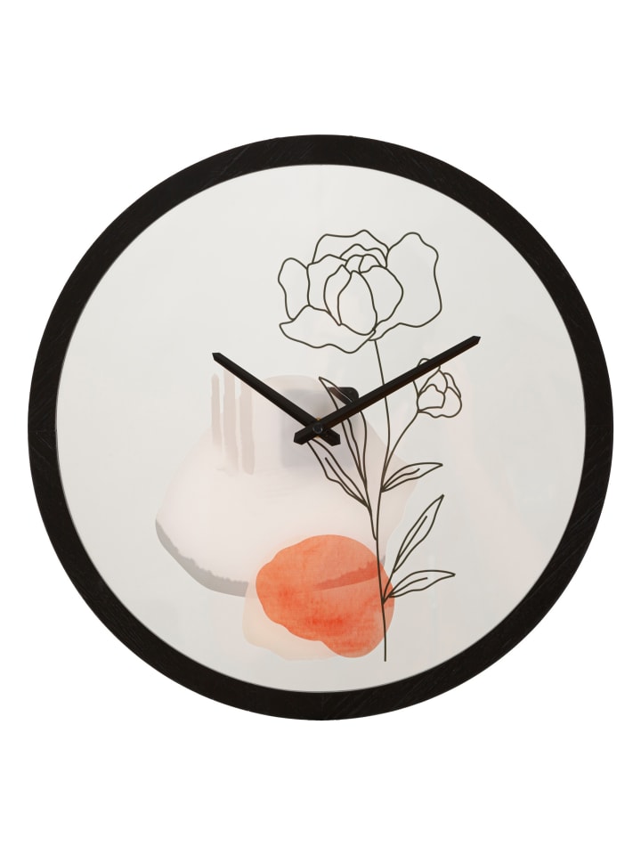 Runde Wanduhr mit Blume aus Holz und Glas, Ø 40 x 3,5 cm