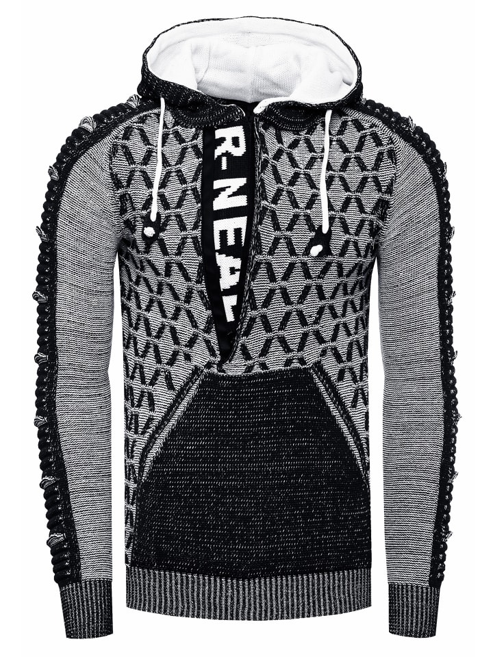 1/2 Zip Kontrast Grobstrick Kapuzen-Pullover in Schwarz