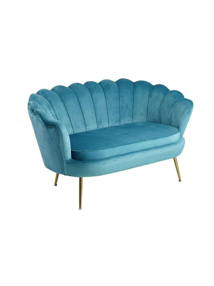 Muschelsofa 2-Sitzer elegant Beine Chrom goldfarben und Samtbezug in Blau