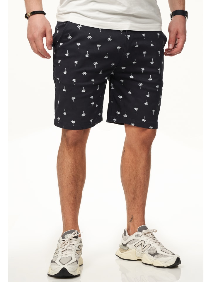 Chinoshorts - Kurze Hose mit Palmenmuster & Gürtel im Regular-Fit in Navy