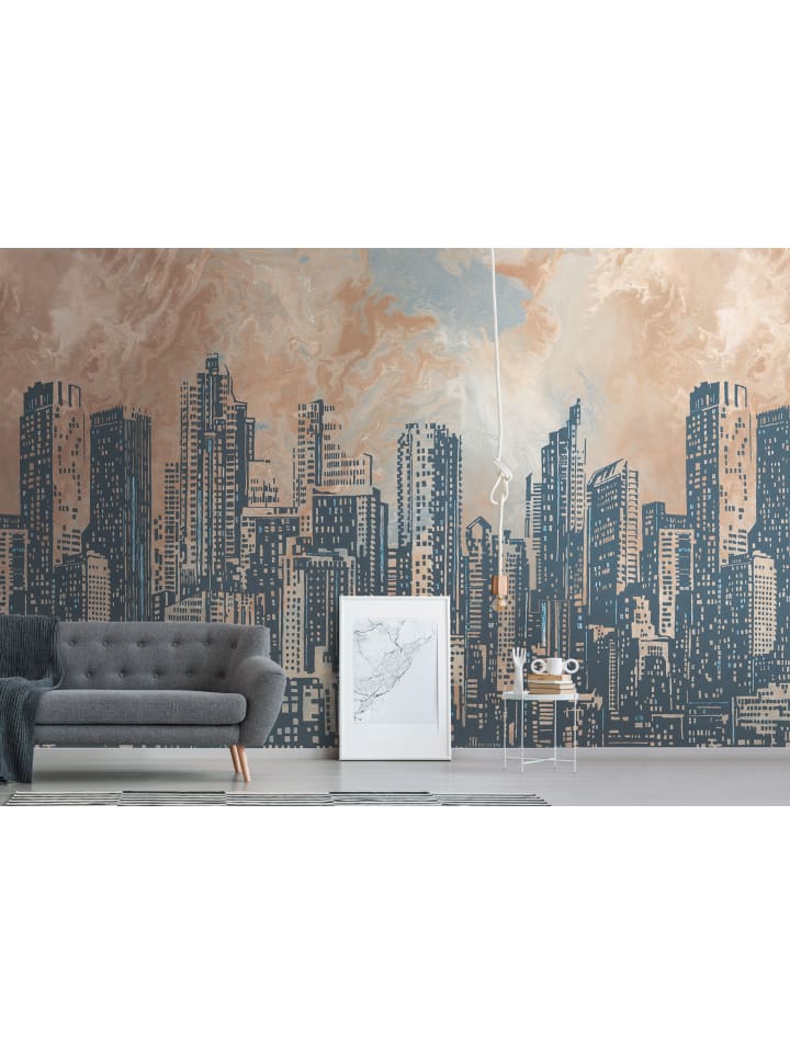 Tapete Skyline Metropolis in Blau- und Beigetönen