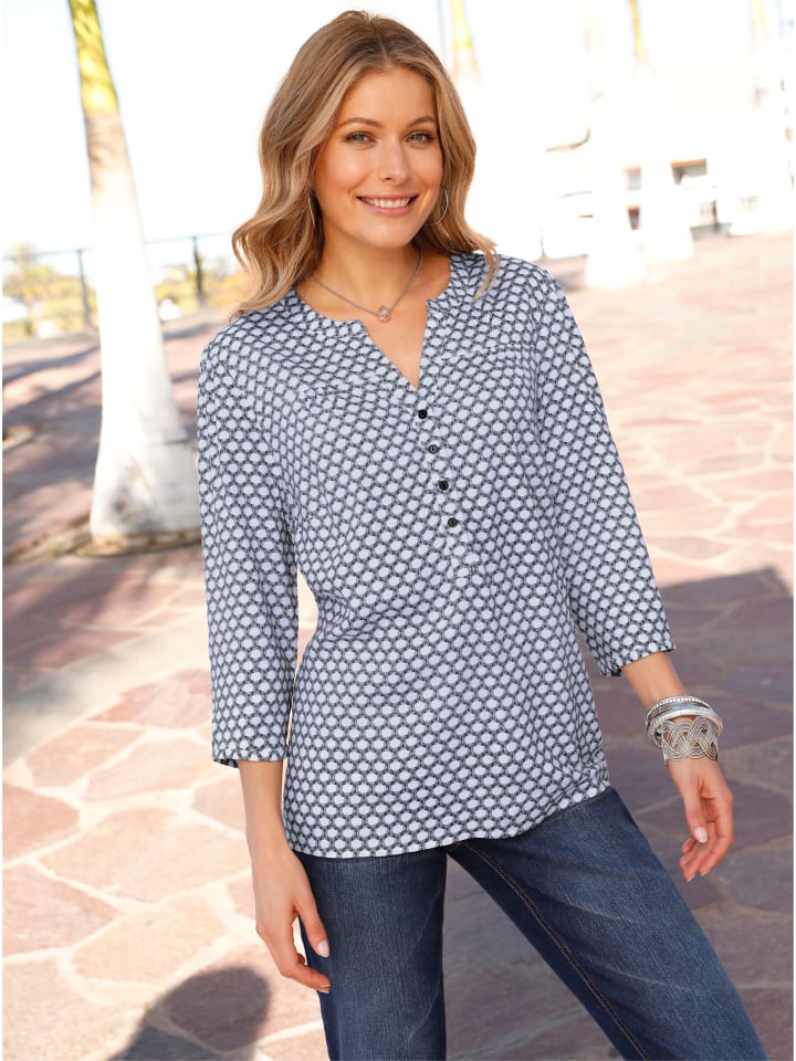 Bluse in marine-ecru-bedruckt