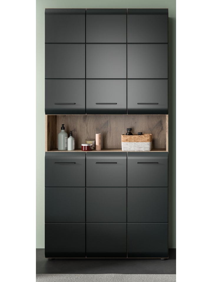 Hochschrank schwarz matt, Eiche, Badschrank Mehrzweckschrank 6-türig 90 x 185 cm