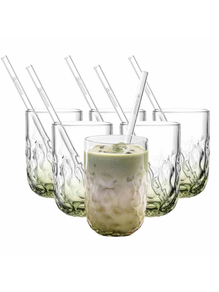 6er Set Matcha Latte Gläser mit Glastrinkhalm (2) Gocce in Grün 390 ml