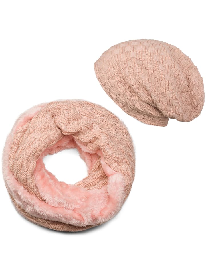Strick Schal und Mütze Set in Altrose