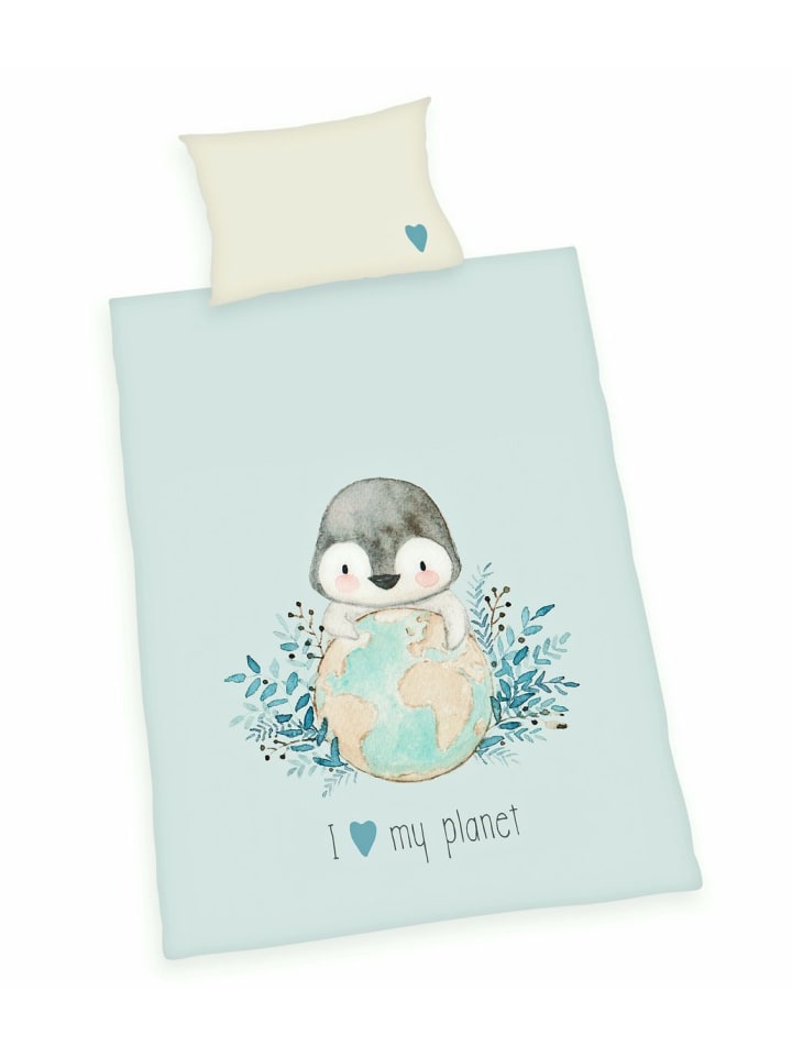 2 tlg. Renforcé Bettwäsche 100x135cm Pinguin in Hellblau