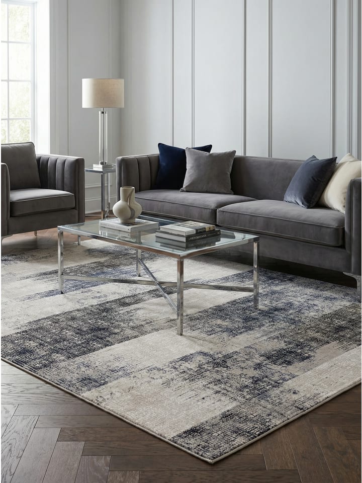 Teppich Velours, Abstrakt Design, Texturierter Flor, Wohnbereich in Dunkelblau