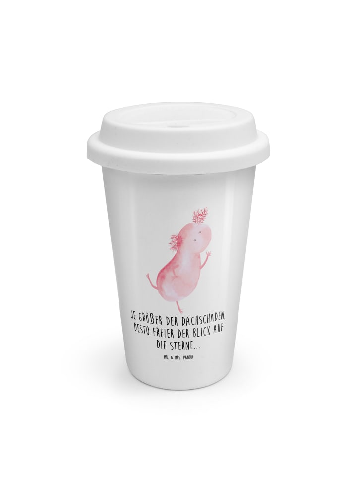 Thermo Kaffeebecher Axolotl Tanzen mit Spruch in Weiß