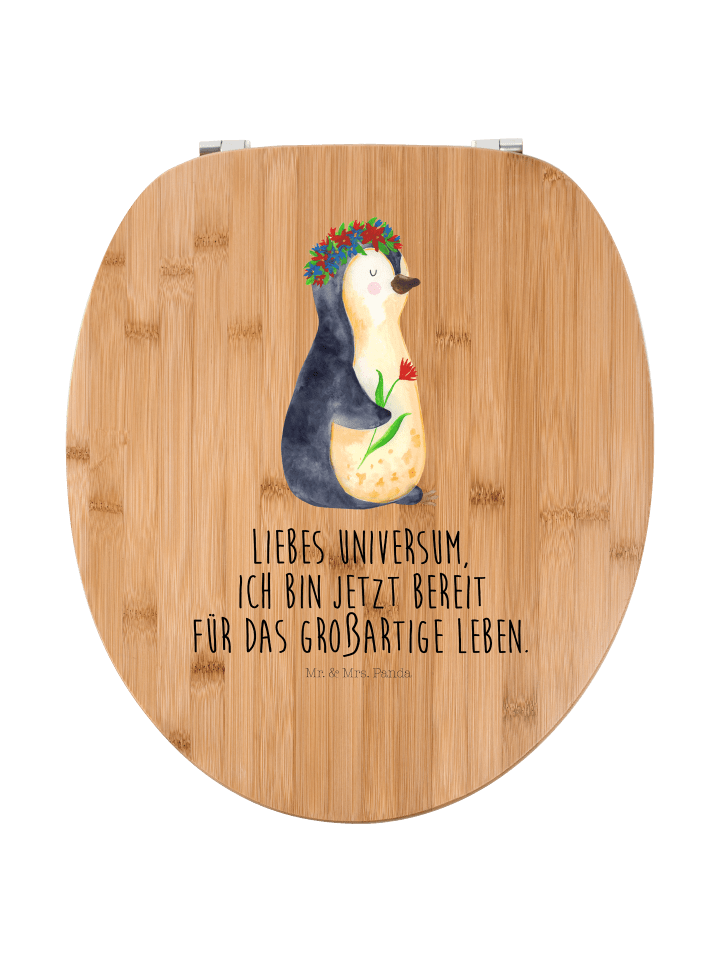 Holz Toilettendeckel Pinguin Blumen mit Spruch in Braun
