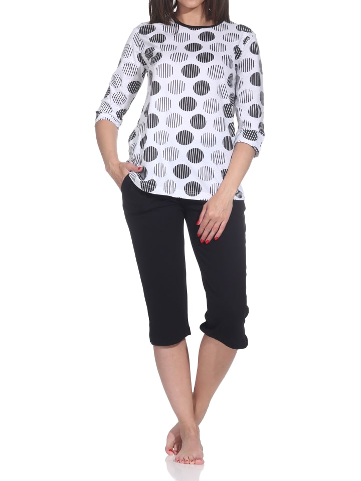Kurzarm Capri Schlafanzug Pyjama Tupfen Punkte Look in schwarz